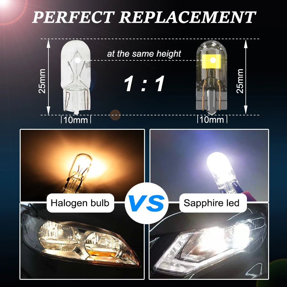 2x T10 LED W5W Car Light 2022 Newest Sapphire COB Glass Lamp Bulb Auto Accessories Drive-free Wedge Turn Door Reading 12V 6000K