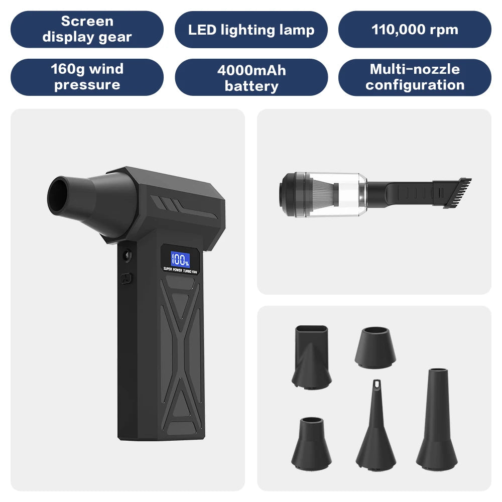 Powerful Air Blower 110000Rpm 4 Gear Adjustable Turbo Jet Blower With Led Light Battery Display Cordless Compressed Air Duster