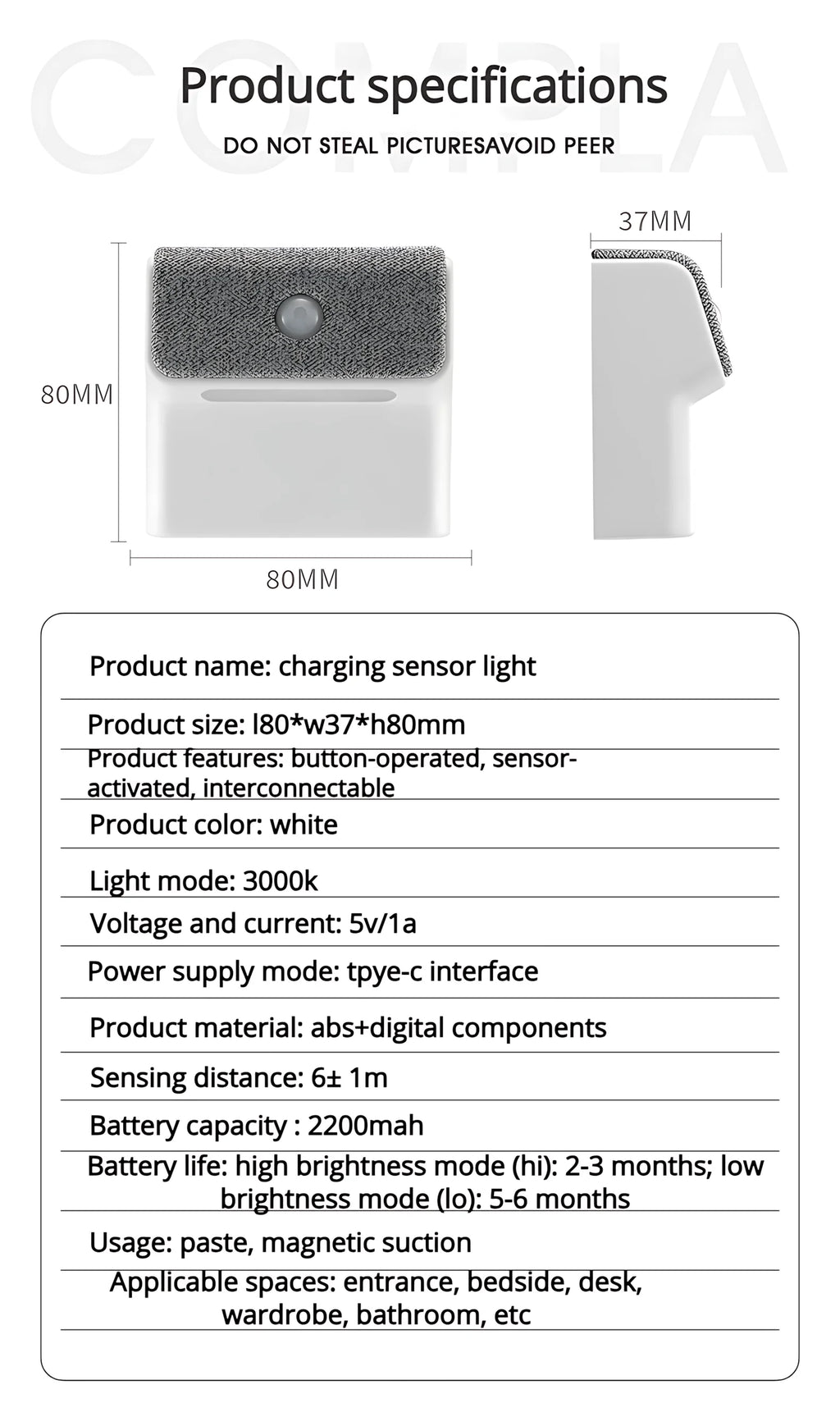 Smart Human Motion Sensor Wall Lamp, Rechargeable Wireless Magnetic LED Night Light, Auto On/Off for Closet Hallway Stairs