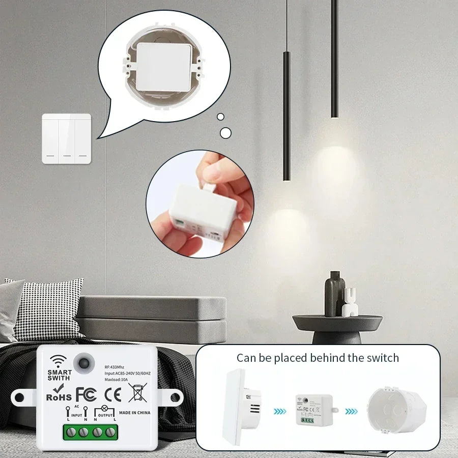 Mini Wireless Smart Light Switch with Remote Control RF 433 Mhz Relay Receiver AC 220V 110V Switch Module for Home Led Lamp Fan