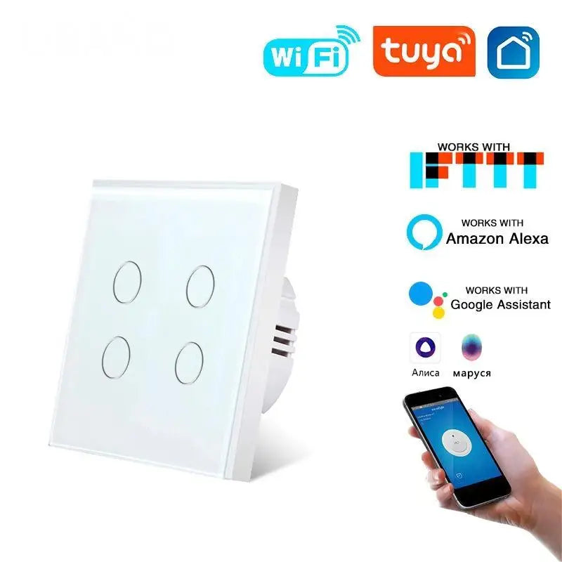 Tuya WiFi Smart Touch Switch 1/2/3/4 Gang 2-Way Control EU Glass Panel Light Switch Neutral Wire Alexa Google Voice Control Time
