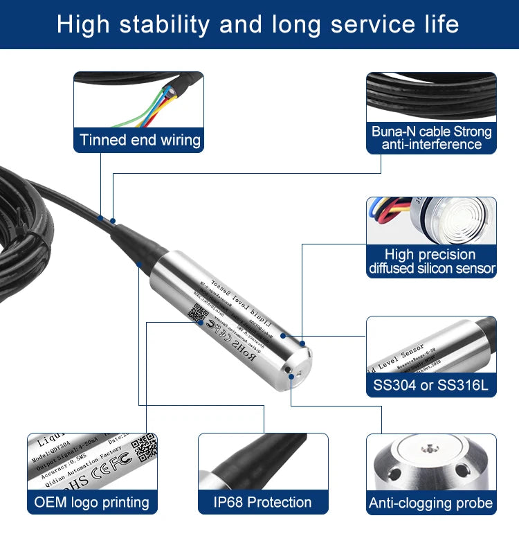1m 2m 3m 5m Submersible Water Level Sensor 4-20mA Tank Well Pool 0-10V RS485 Level Sensor Transmitter
