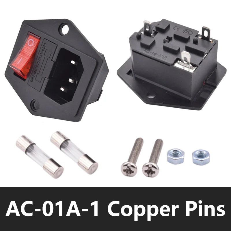 C13 C14 Electrical Power Socket Computer Mount Outlet 3 Pin IEC320 LED Rocker Switch Brass 10A Fuse Inlet Plug Connector 250v