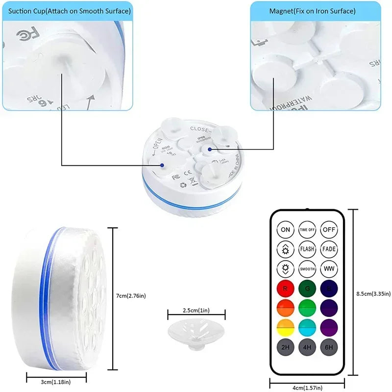 Updated IP68 RGB Submersible 13LED Underwater Light with Remote Control Underwater Pool Light Bright Lamp for Pond/Pool/Aquarium
