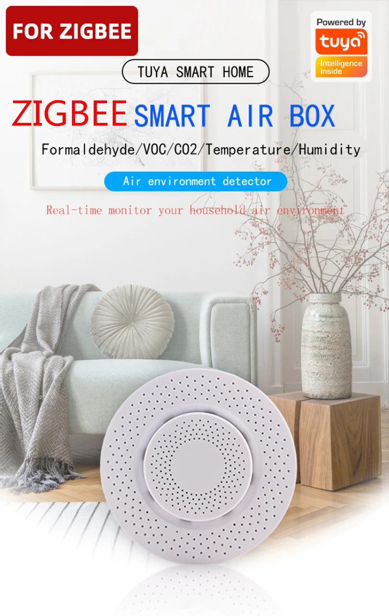 Tuya Zigbee/WiFi Air Quality Sensor Smart Air Box CO2 Meter Formaldehyde VOC Temperature Humidity Sensor Via Alexa Google