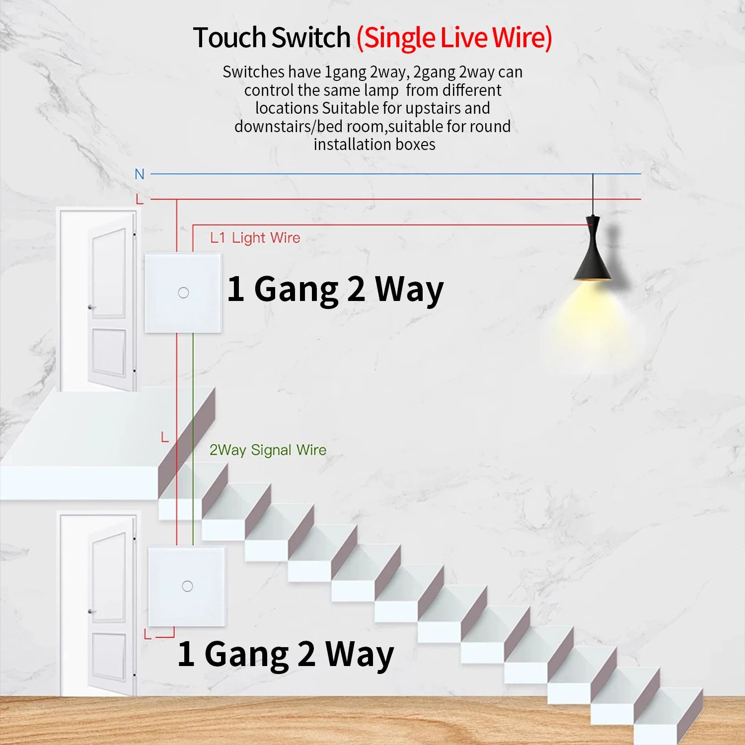 1/2gang 2way Dual Switch Wall Touch Switch EU Standard Light Switches For Staircase Bedside Switches Bedroom 240V No Wifi