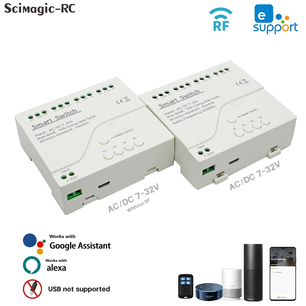 EWelink WiFi Smart 4CH Switch 220V 10A Relay Module APP Remote Control 12V 24V 85-250V Receiver Google Home Alexa