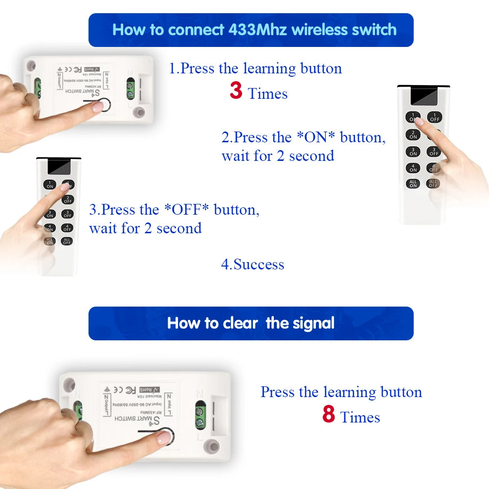 Wireless Light Switches RF 433 Mhz  Remote on Off Switch Controller Relay Ac220v 10A Smart Home Control Ceiling Lamp LED Fan