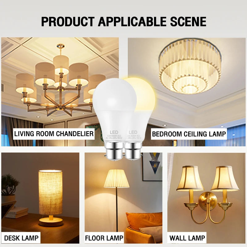 B22 9W 12W LED Bulb Energy Saving AC85-265V LED Lamp Bulb for Living Room Home Kitchen Garage Indoor