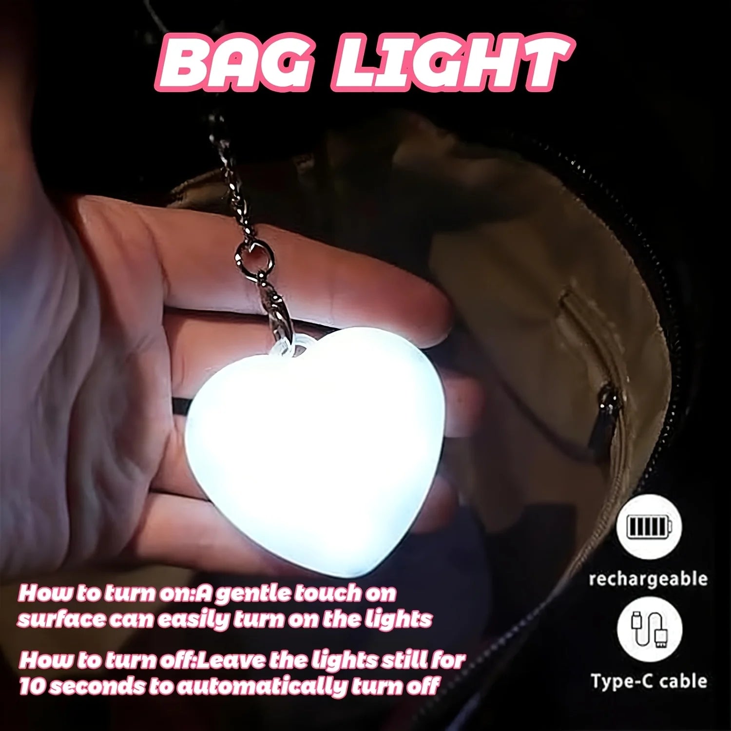 3pcs Purse Light, LED Night Light with Auto Sensor & Touch Control, USB Rechargeable, Portable Mini Light for Handbag Backpack W