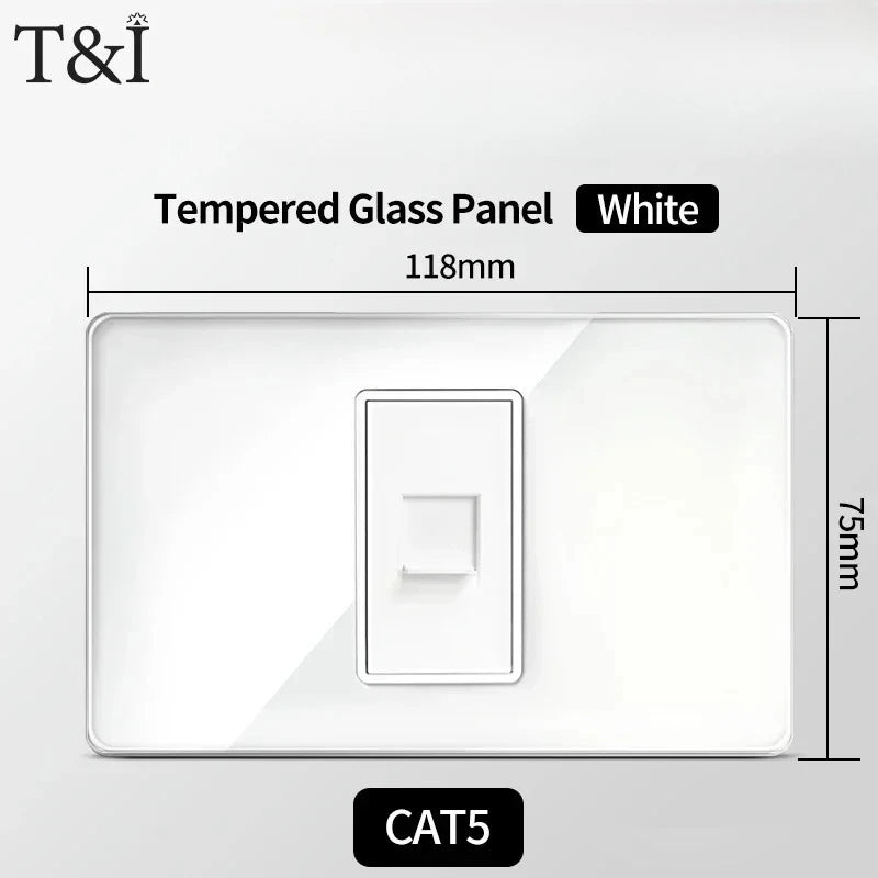 T&I 118*75mm Tempered Glass US Wall Socket White Thai USB Socket Plug with Dual USB Type-C Ports,Light Switch 110V