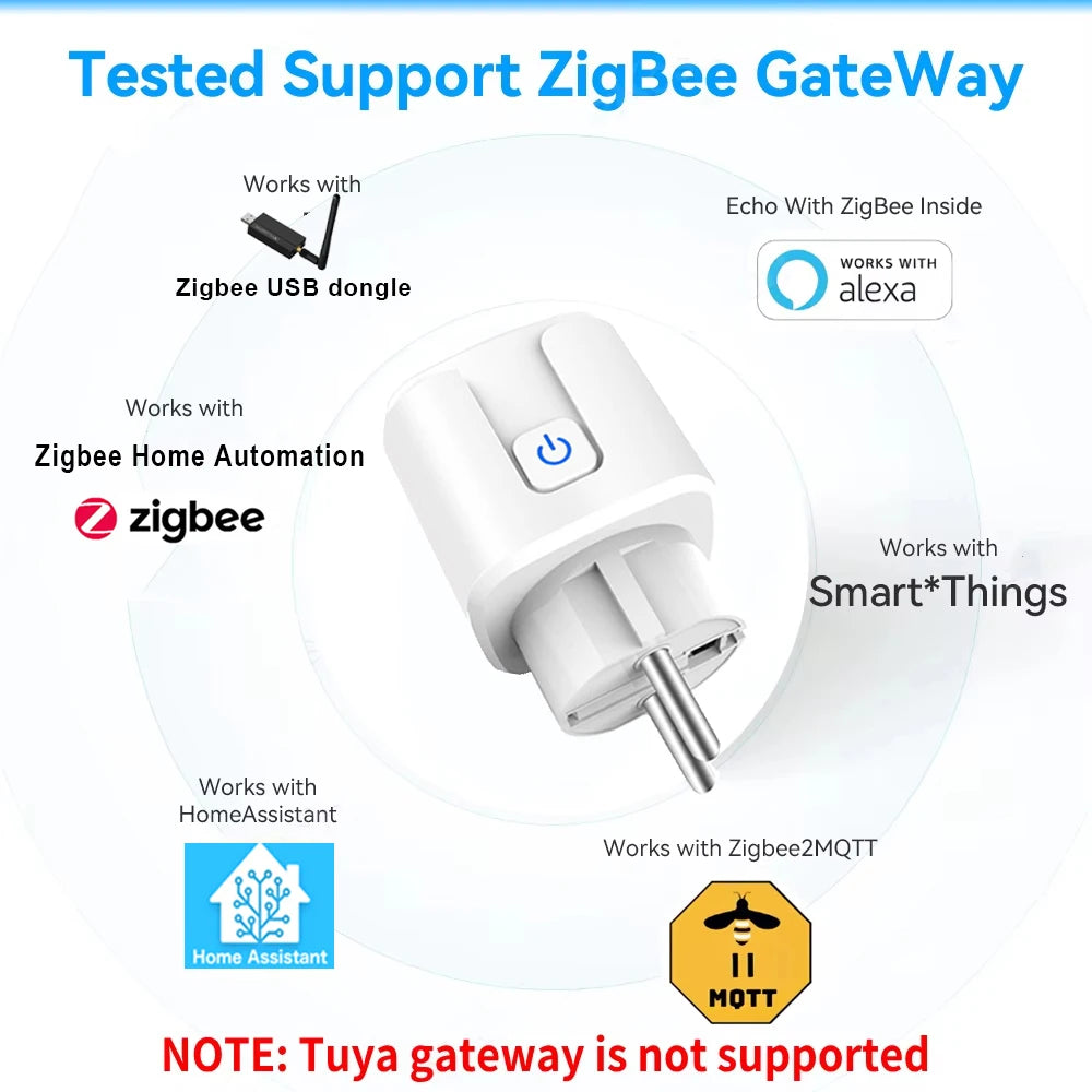 Home Assistant ZigBee Smart Plug 20A/16A EU Smart Socket with Power Monitor App Voice Control Works with Alexa Google Home Z2M