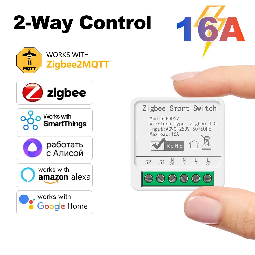 Smart ZigBee3.0 Light Switch Module 16A MiNi DIY Breaker Switch Supports 2 Way Control App Remote Control for Alexa Google Home