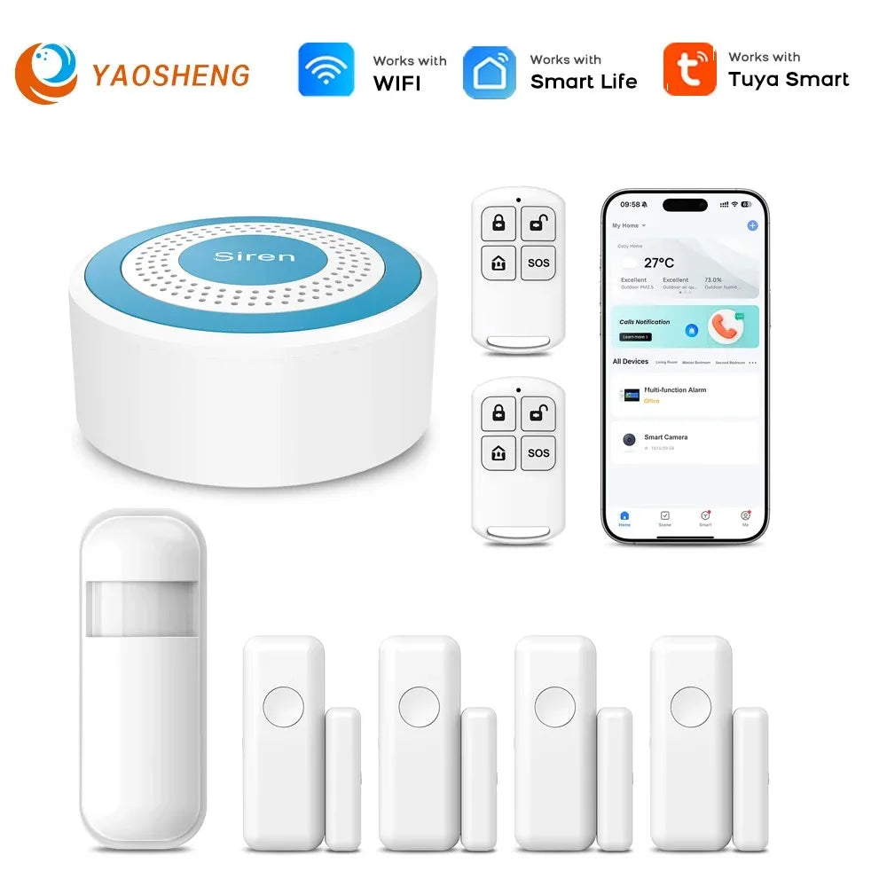 Tuya Smart Life App WiFi Smart Home  Alarm System Kit Wireless 433MHz Door Sensor Siren for Garage Office Security  Protection