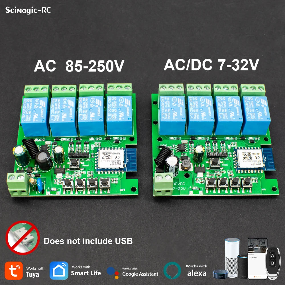Tuya Relay 4CH Smart Home Switch Module 5V 12V 32V 220V RF 433 Radio Remote Control Work With Alexa Google Home
