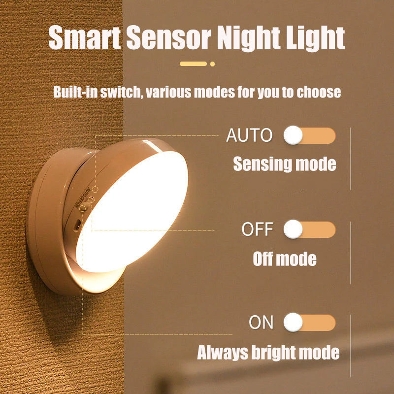360° PIR Motion Sensing Light Round Energy Saving Bedroom USB Rechargeable Night Lamp Closet Bedside Stairs Induction Smart Lamp