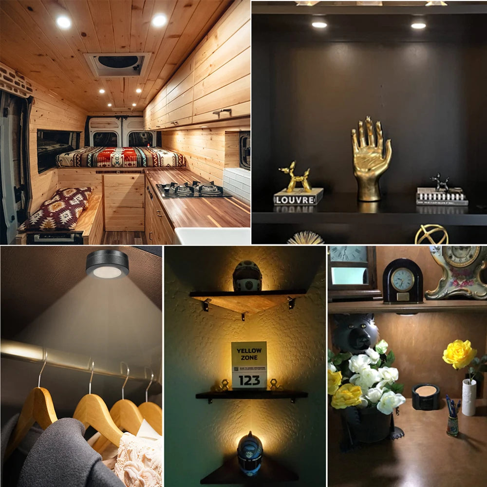 1-6Pcs Black CCT Round LED Under Cabinet Closet Light Furniture Dimmable Wardrobe Lamp Warmwhite White 3000-6500K Remote Control