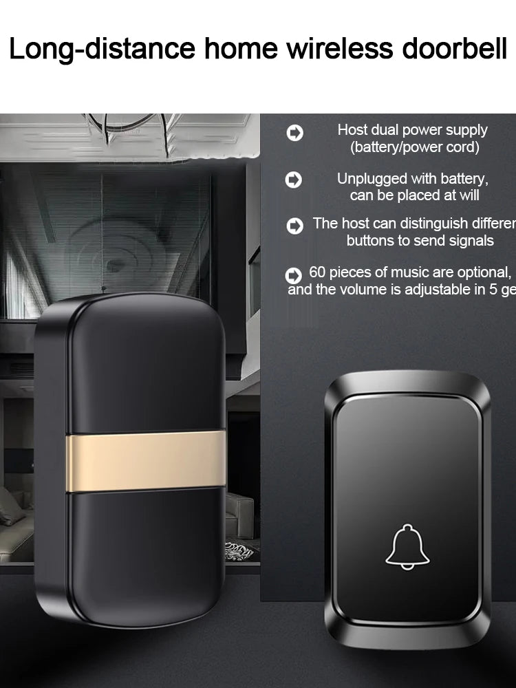 Battery Powered DC Wireless Doorbell 300M/984FT Range 60Songs Welcome Door Bell Chime Kit For Home, Store,Office ,Classroom etc.