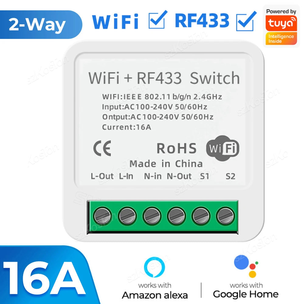 Tuya RF433 WiFi Smart Switch Module 16A Mini Relay Receiver DIY Smart Home Automation Controller Works with Alexa Google