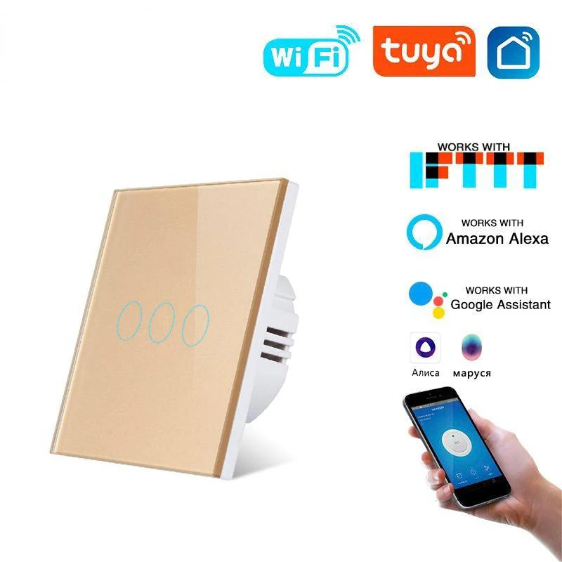 Tuya WiFi Smart Touch Switch 1/2/3/4 Gang 2-Way Control EU Glass Panel Light Switch Neutral Wire Alexa Google Voice Control Time