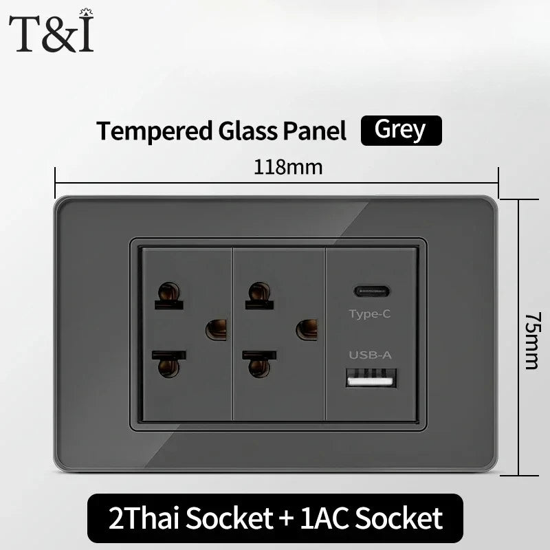 118*75mm TEMPERED GLASS SWITCH PANEL Wall Socket with USB Type - C, Grey US Switch, Thai Plug for Home & Office Use