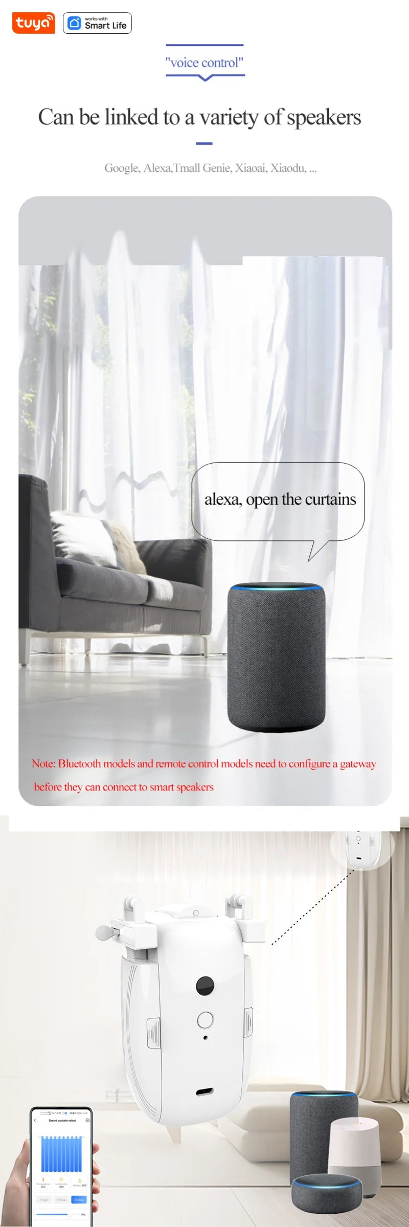 Tuya Smart WiFi Curtain Robot (with Gateway), APP Remote Control, Voice Control, Included Accessories for T/U Curtain Tracks