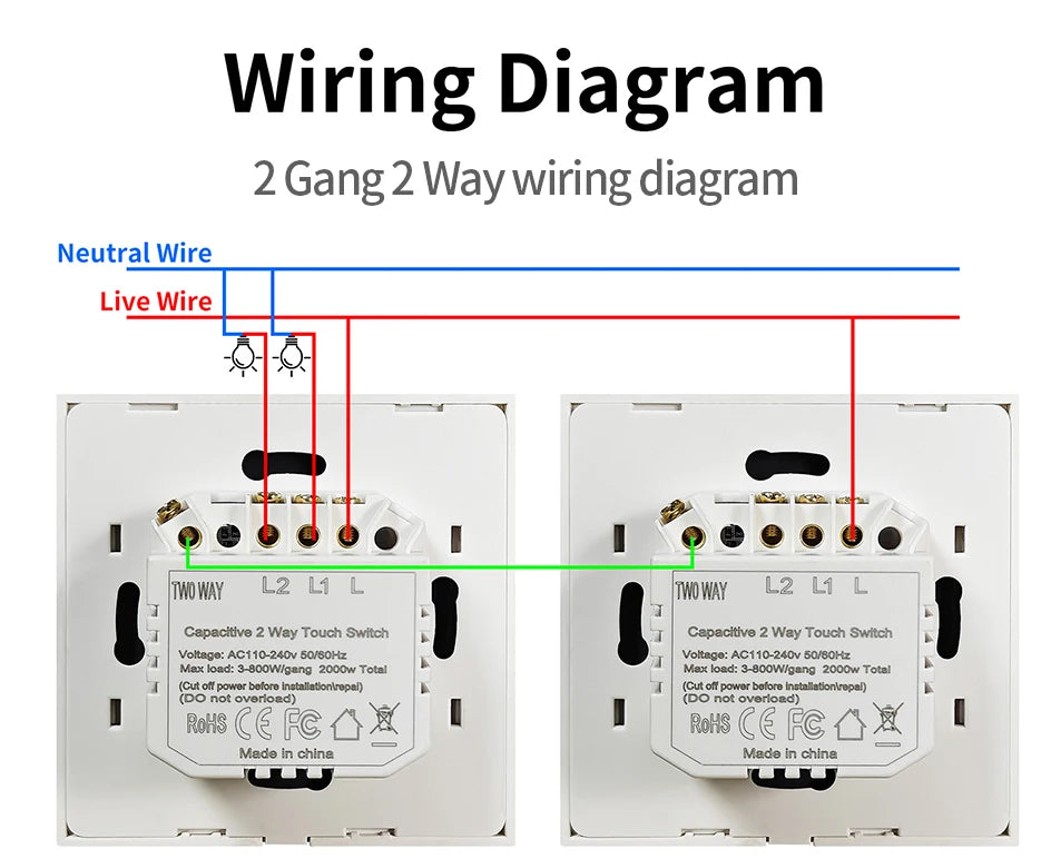 1/2gang 2way Dual Switch Wall Touch Switch EU Standard Light Switches For Staircase Bedside Switches Bedroom 240V No Wifi