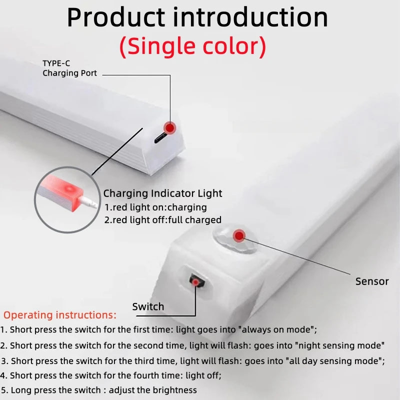 Motion Sensor  Bar  Light Type C Rechargeable Light  LED Magnetic attraction Night Light  for Kitchen Bedside Wardrobe bookcase