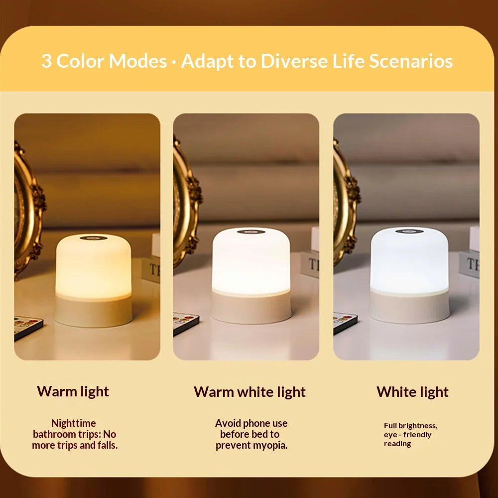 LED Night Light Rechargeable Dimmable Bedside Lamp 3 Colors Adjustable Soft Glow Eye Protection Portable Table Lamp for Bedroom