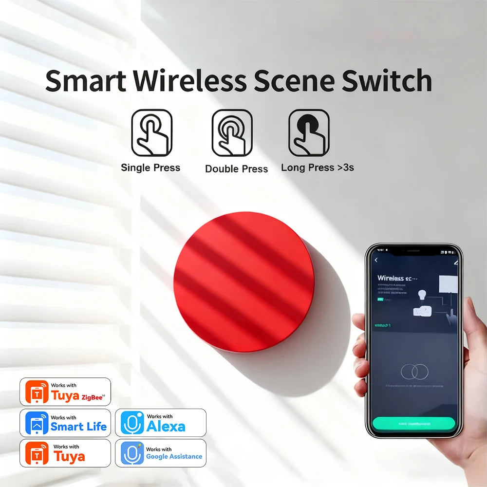 Smart Button Scene Switch 3-Actions Wireless Button Zigbee Smart Life App Remote Control For Google/Alexa Wait Voice Home Office