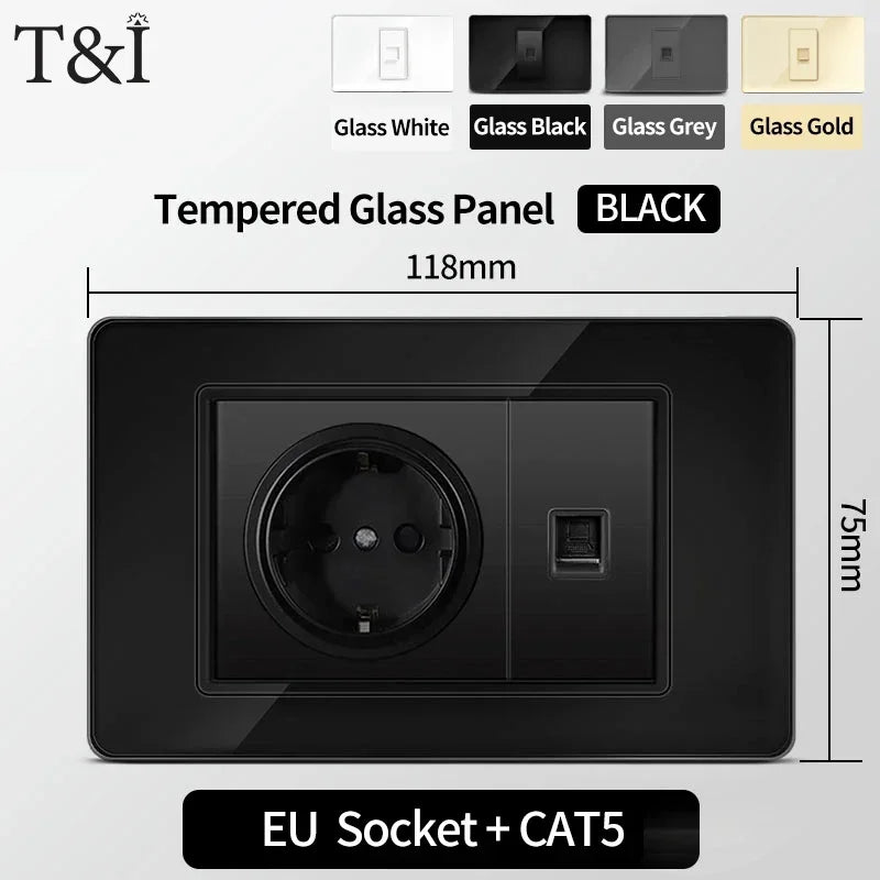 118 Series Black Tempered Glass Wall Switch Socket Italy Standard 16A Outlet with USB Type-C 20W Fast Charging for Home Office