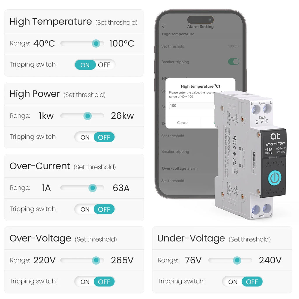 Tuya WiFi Smart Circuit Breaker 63A 1P DIN Rail for Smart Home Wireless Remote Control WiFi Switch by APP metering Breaker