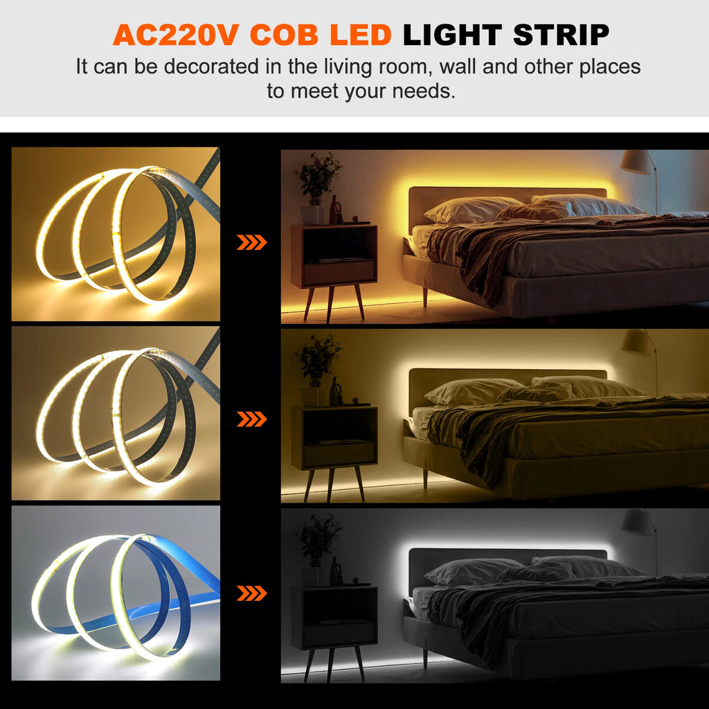 220V COB LED Strip Light 5M 10M 15M 20M Flexible Tape No Need Driver High Brightness 240LEDs RA90 Red Blue White Linear Lighting