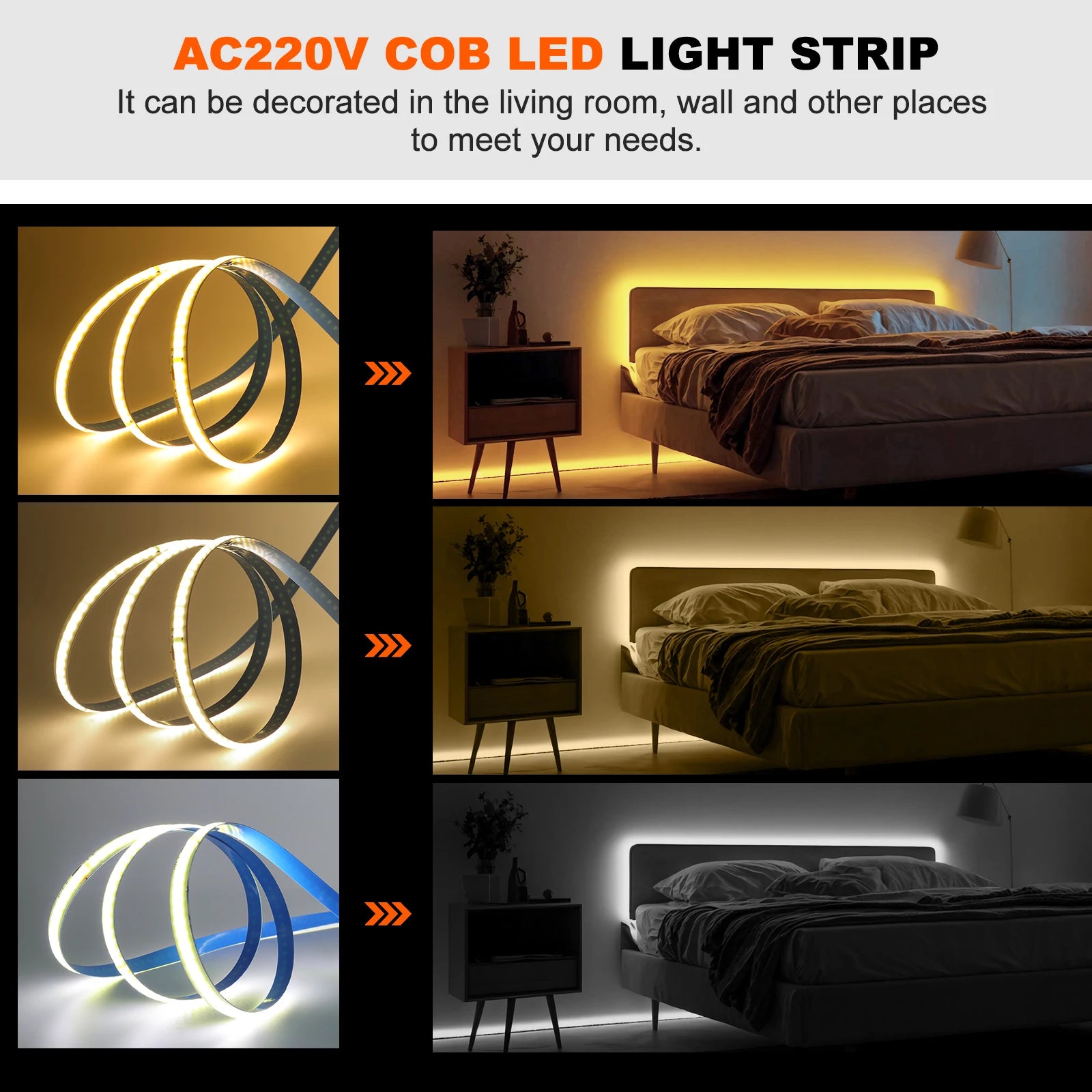 220V COB LED Strip Light 5M 10M 15M 20M Flexible Tape No Need Driver High Brightness 240LEDs RA90 Red Blue White Linear Lighting