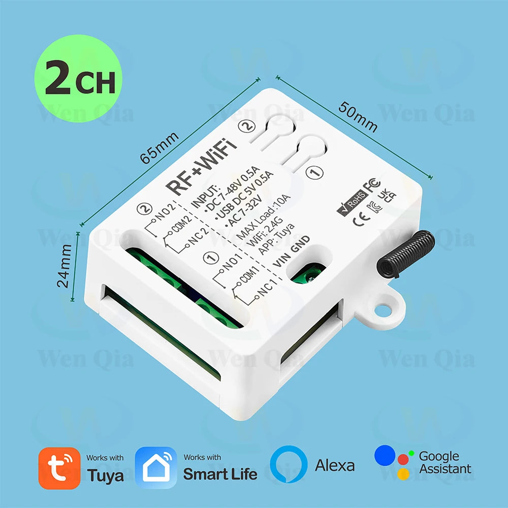 2CH Smart Light Switch Tuya,WiFi & RF Remote Control Module,USB 5V DC 12V 24V 48V,work with Alexa Google Home,for Lamp Fan Motor