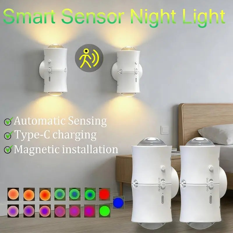 RGB 7colors Motion Sensor LED Night Light USB Charging Intelligent Human Induction Double Head Cabinet Lamp Kitchen Stairs Light