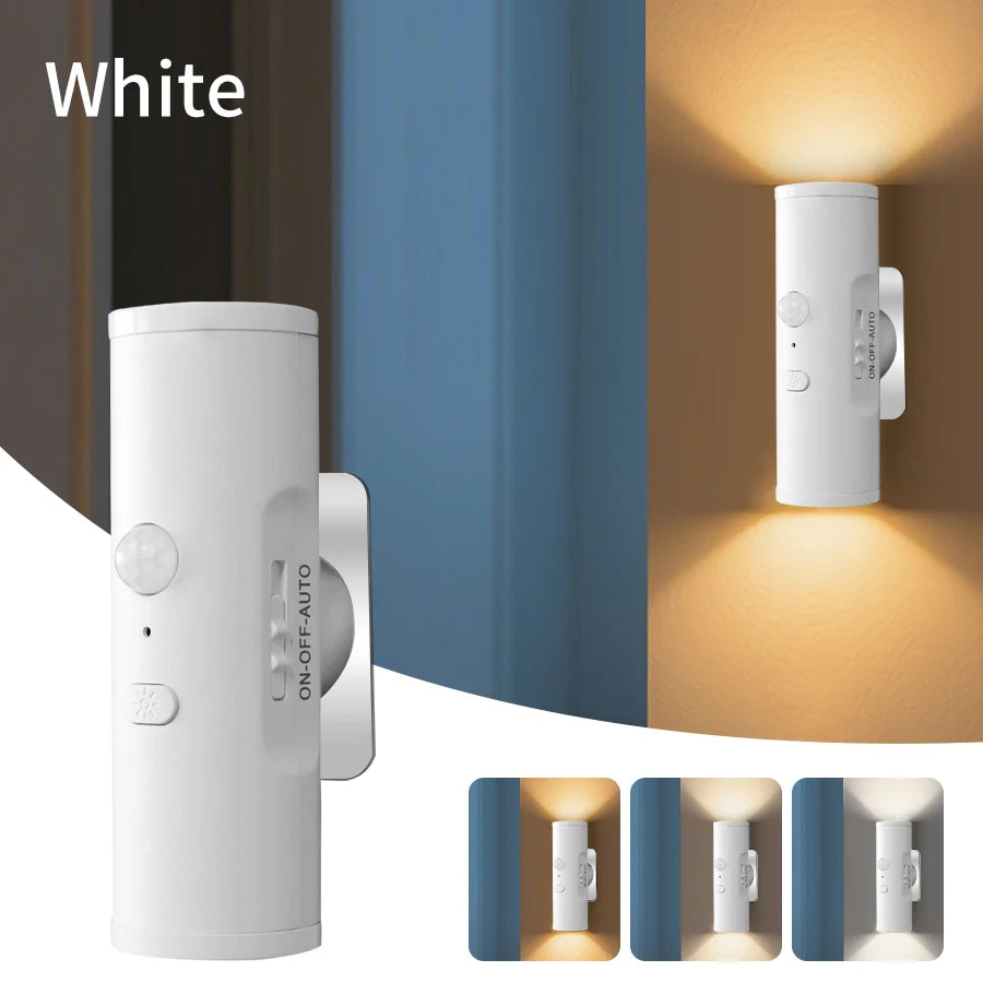 Rechargeable LED Night Light Motion Sensor Double-head Wall Lamp Magnetic Spotlight 3 Color For Bedroom Closet Stair Lighting