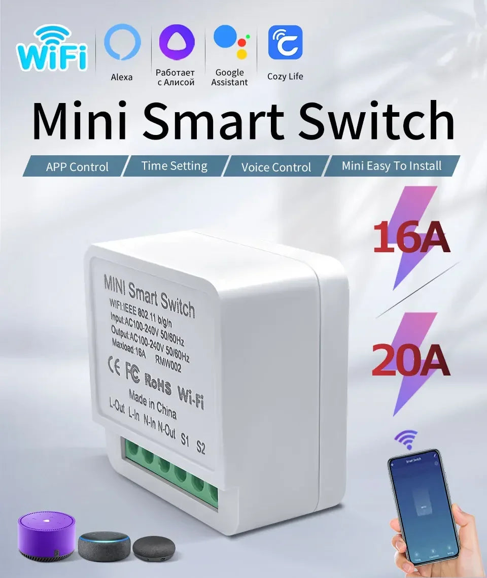20A 16A Smart WiFi Switch Cozylife APP Remote Control Breaker Module 100-240V Wireless Light Switch Works with Alexa Google Home