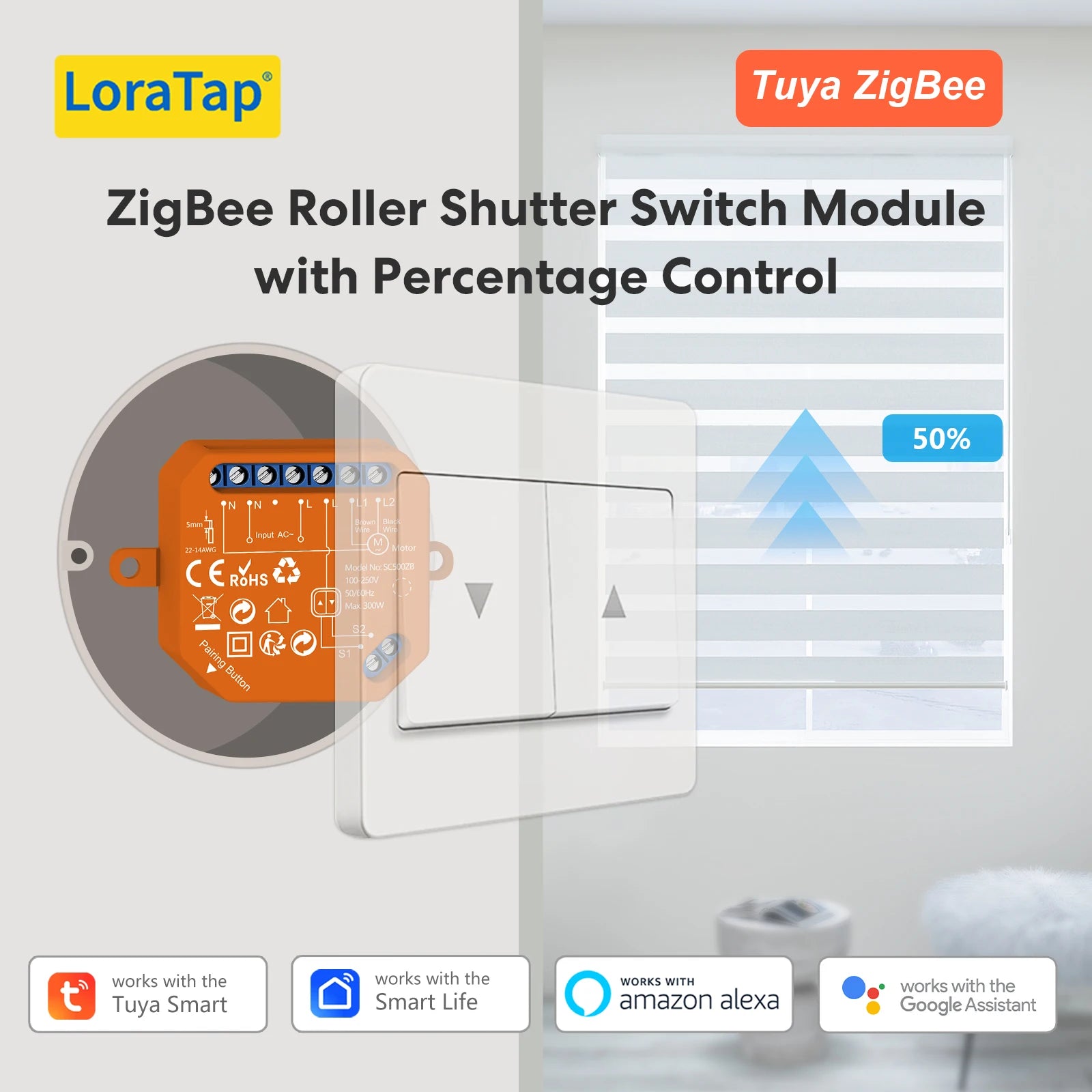 LoraTap ZigBee Blinds Sunshade Roller Shutter Switch Module For Motor Tuya Smart Life Percentage Control Timer Google Home Alexa