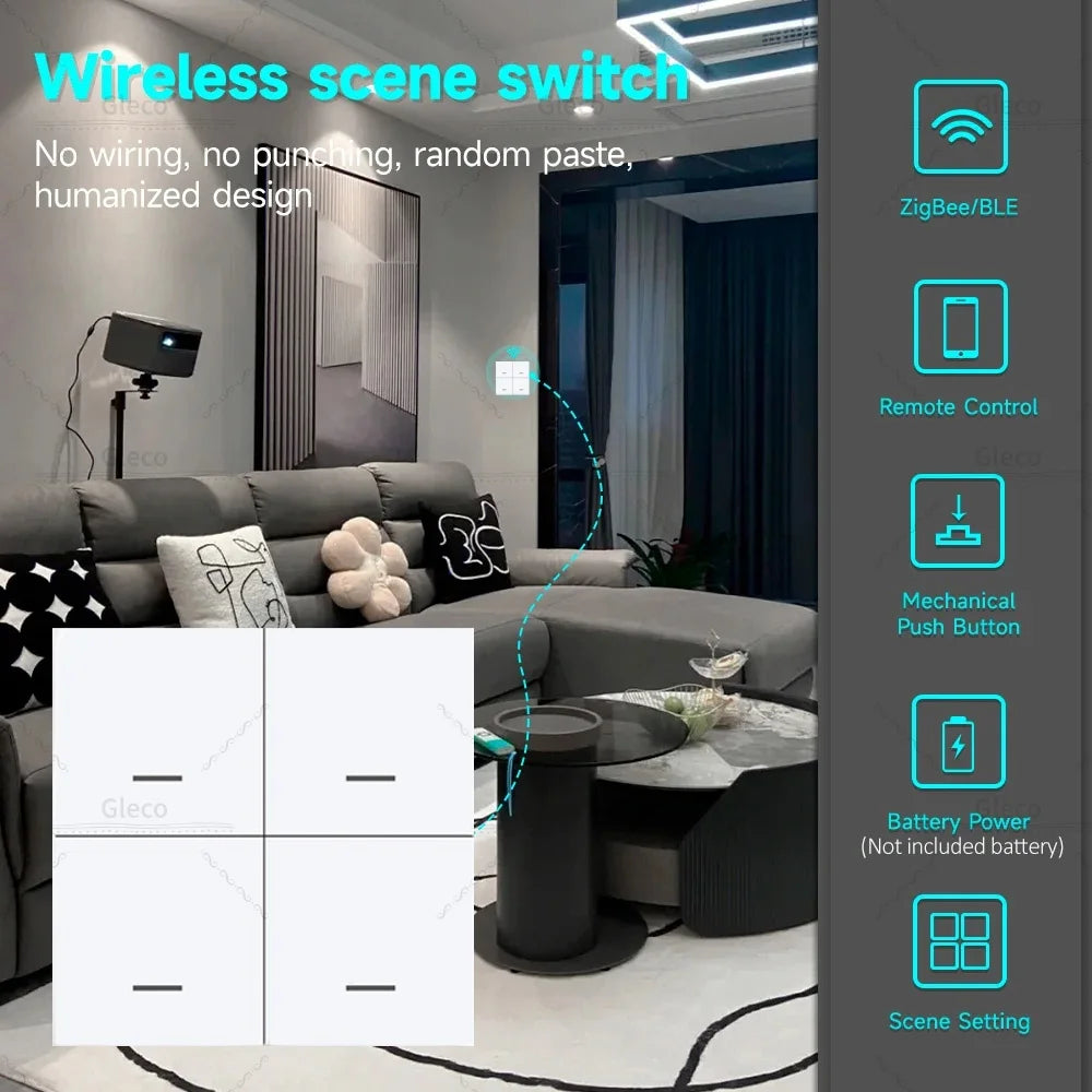 ZigBee Tuya Scene Switch 4 Gang 12 Scenario Wireless Push Button Controller Battery Powered For Smart Life APP Home Automation