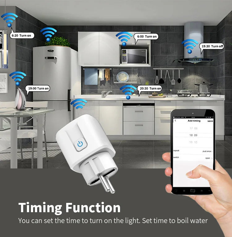 Works with Tuya Smart Life App Wifi Plug 20A Smart Socket EU Power Monitor Remote Control Outlet Works with Alexa Google Home