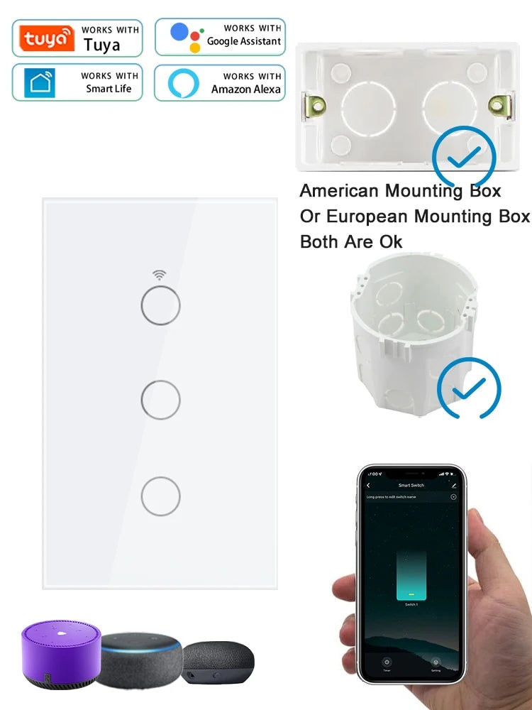 Tuya Smart Switches US Neutral Wire/No Neutral Wire Required 1/2/3/4 Gang WiFi Touch Light Switch Work with Alexa Google Home