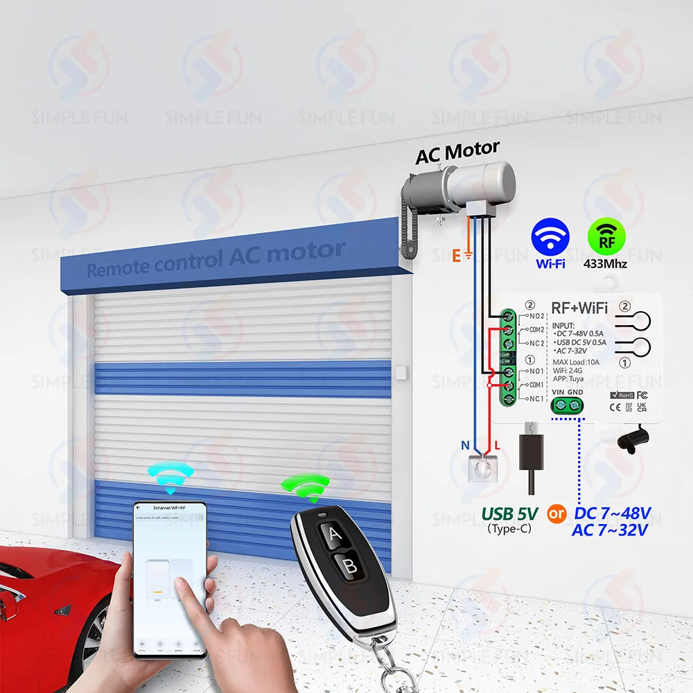 Tuya WiFi RF433mhz Motor Remote Control Switch 2 CH DC 12V 24V DIY Switch/Garage Door Opener/Motor,Work with Alexa Google Home