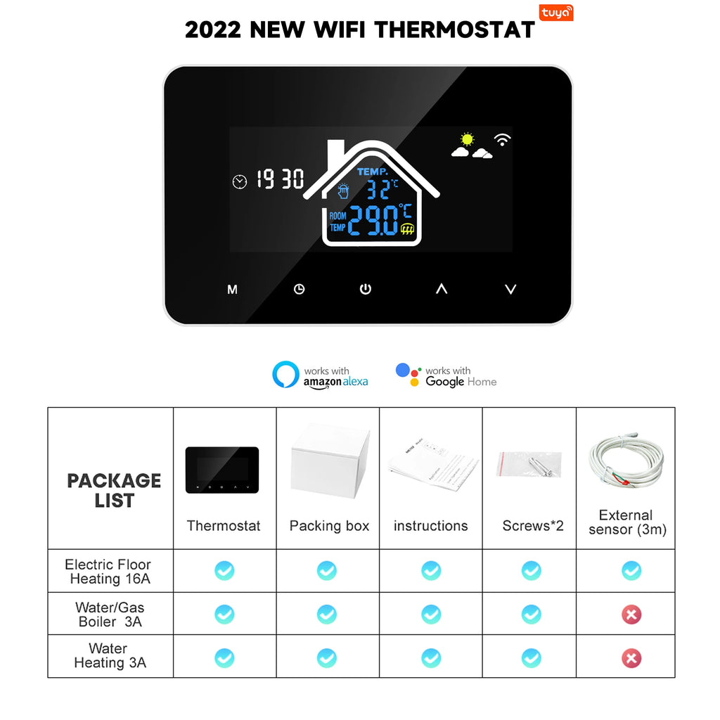 WiFi Smart Thermostat Temperature Controller Electric Floor Heating Water Heating LCD Display for Alice Alexa Google Home