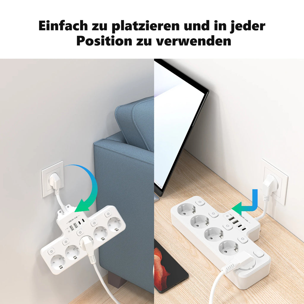 4000W 16A EU Multi-Contact Plug Power Plate Multi-Function Socket with 4 USB Fast Charging Ports 5 AC Power Jacks