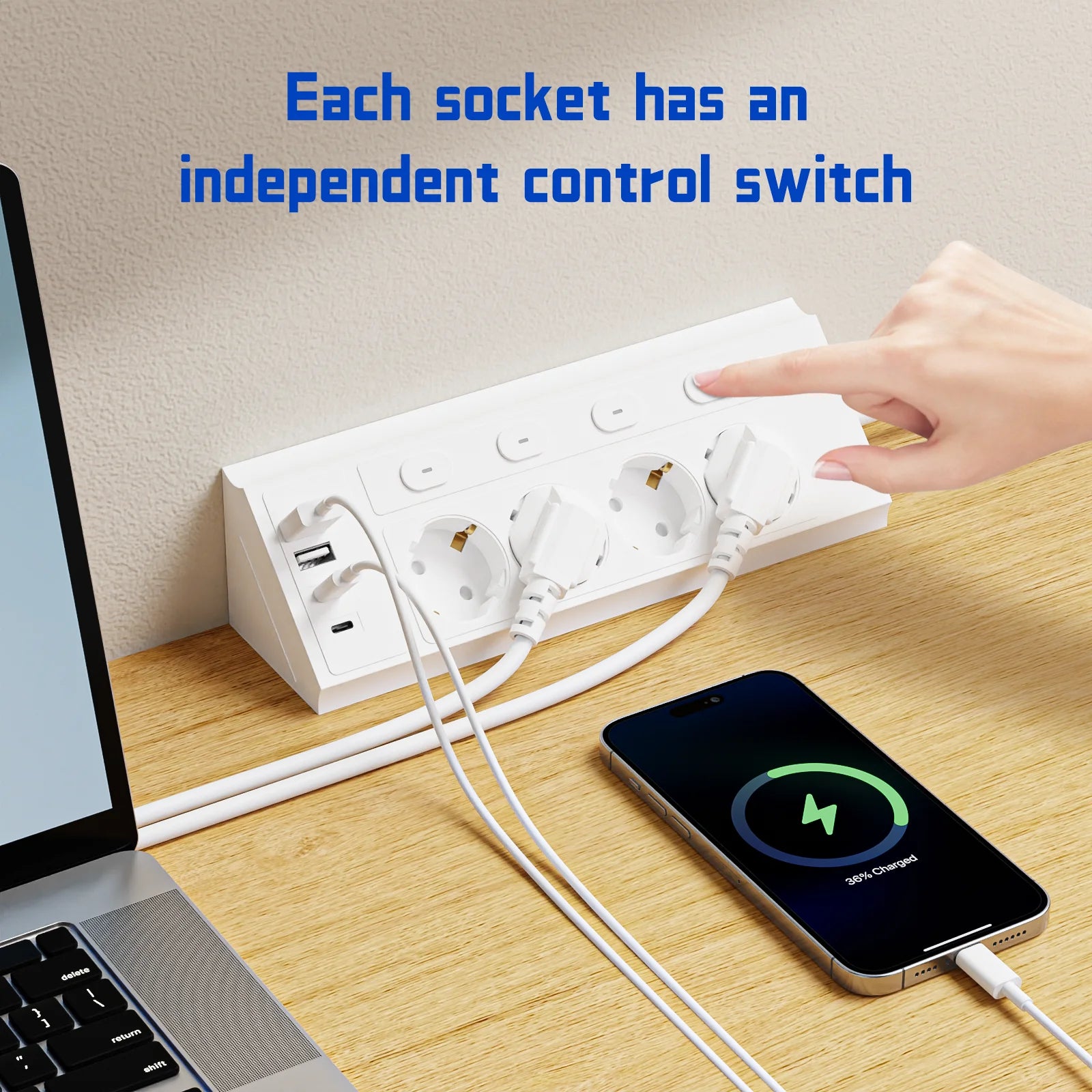 8-in-1 EU 4-switch power strip, 1.5-meter extension power strip, 4 AC sockets, 2 USB 2 Type-C ports, corner power strip, indepen