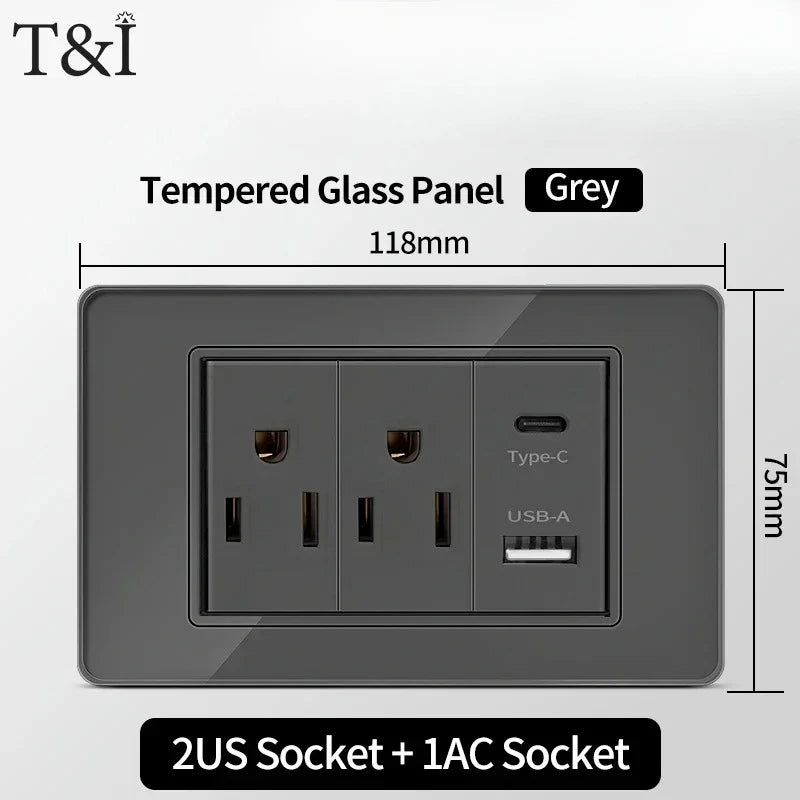 118*75mm Tempered Glass Socket US Wall Socket Grey Thai USB Socket Plug with Dual USB Type-C Ports,Light Switch 110V
