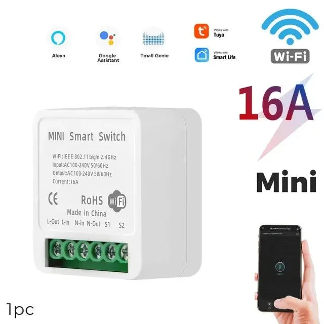 Work with Tuya Smart Life App Mini 16A WiFi Smart Switch, 2-Way Control Module for Smart Home Automation, Compatible with Alexa