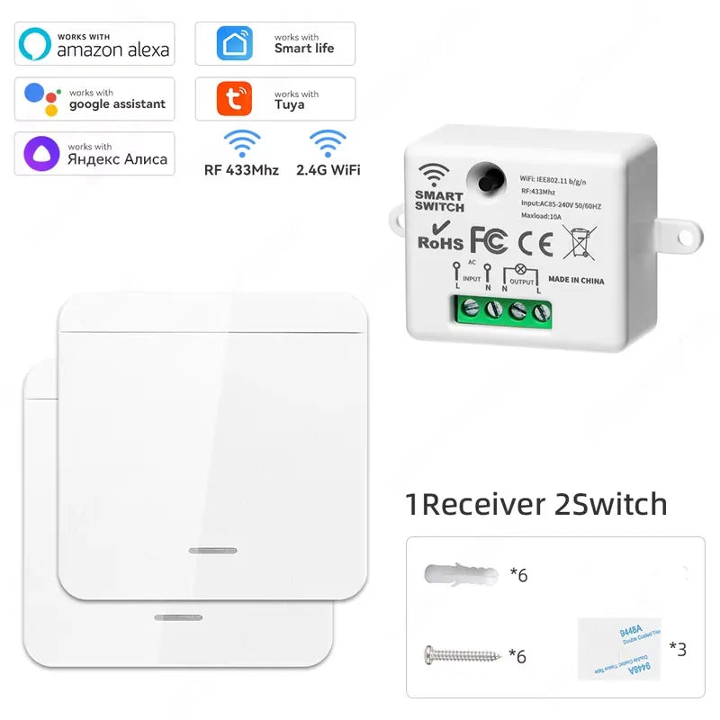 Tuya Smart Home Wifi RF433 Mhz Switch 1/2/3gang Button Switch Strong Signal Wiring-free Remote Control  Works with Alexa Google