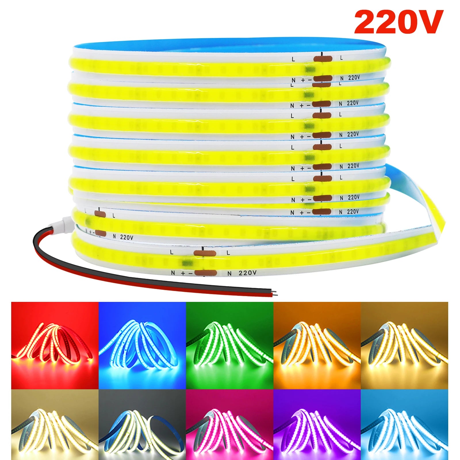 220V COB LED Strip Light 5M 10M 15M 20M Flexible Tape No Need Driver High Brightness 240LEDs RA90 Red Blue White Linear Lighting